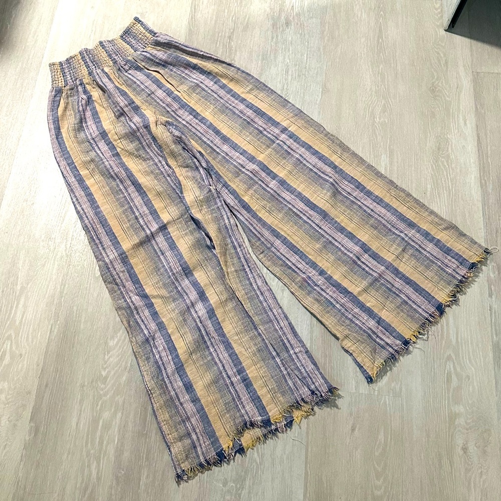 Free People Striped Wide-Leg Linen Pants in Yellow and Blue